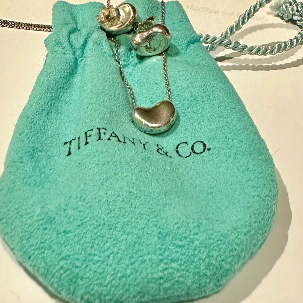 Tiffany Genuine Elsa Peretti Silver Bean 16” Necklace and Earrings